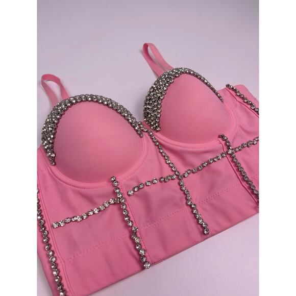 NWT Molly’s World Boutique Pink Rhinestone Cropped Corset Top Size 34B / XS - Picture 4 of 11